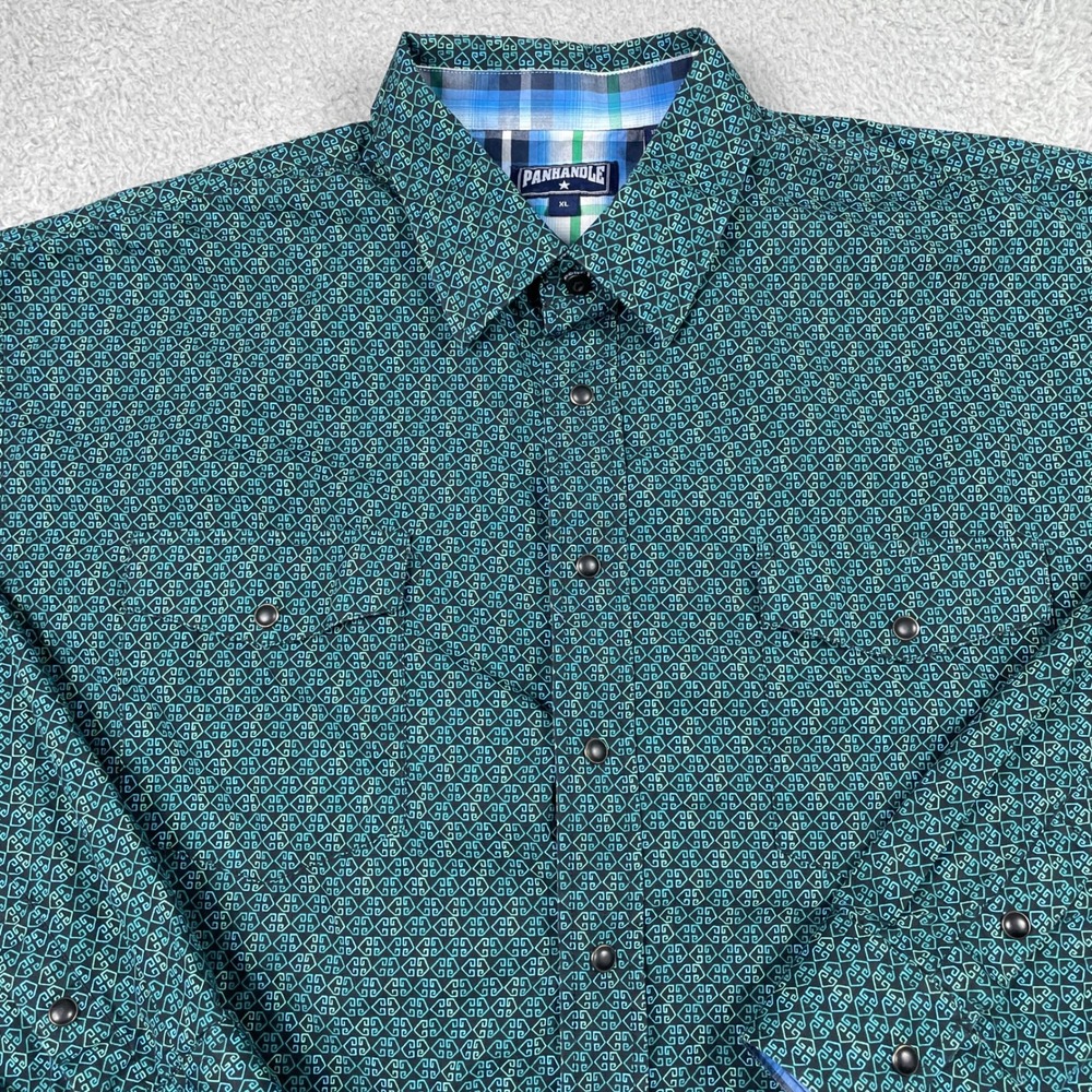 Panhandle Slim Fit Western Snap Shirt Mens XL Teal Black Geometric Cowboy